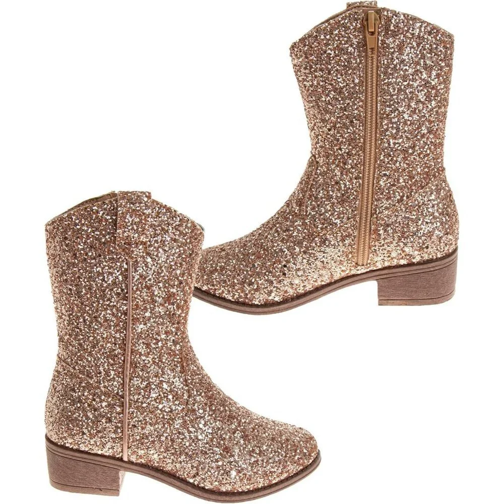 🆕Girls Rose Gold Glitter Manmade Glitter Cowgirl Mid Calf Cowboy Western Boots
